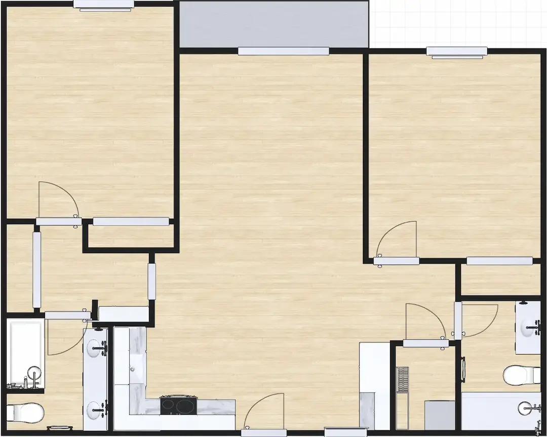 3D floor plan a 2 bed, 2 bath apartment