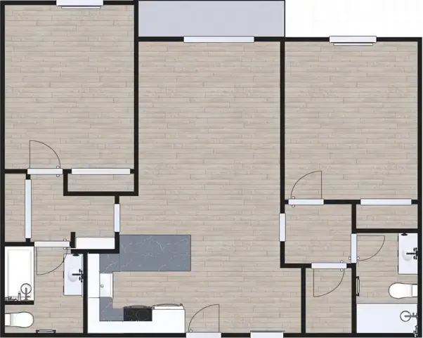 3D floor plan a 2 bed, 2 bath apartment